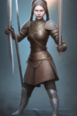 style comdey character : A woman, believing herself a fearsome warrior, dramatically confronts the She holds her sword upside down A Mongol casually pushes her over and steals her dictionary, Woman stands defiantly, sword held backwards, Ertugrul music blasting in the background. Mongols look confused Close-up of the woman naked confident face shouting her challenge. Mongol soldier pushes her with a bored It was a beautiful woman for the soldiers. All the soldiers Crowded marry naked her.