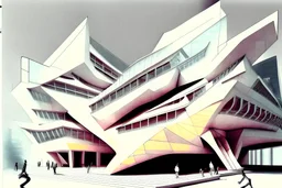 Architectural drawing of a Neofuturistic art museum, (((isometry))), ultra quality, people, treets, forma above