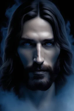 3D Portrait of Jesus of Nazareth, perfect body, perfect face, perfect eyes, dark hair, glamorous, gorgeous, delicate, romantic, realistic, romanticism, blue tones, Boris Vallejo - Pitch black Background - dark, wood panel wall in the background - fire, fog, mist, smoke