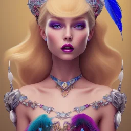 a princess with a lot of jewellery, long blonde hair, purple lipstick, blue eyes,with feather dramatic, dramatic lighting, pixar style, volumetric lighting, hyperrealism, 8k, high quality, photorealistic, lot of details