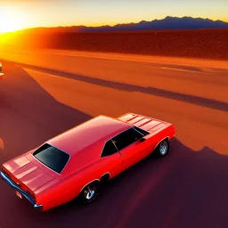 muscle car, just married couple driving, desert road, sunset, full colour,