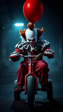 a front view of the clown from the horror movie “IT” riding a children’s tricycle with his red ballon , in a 3d rendering full-height image of a grim and dark scene. Ensure the final images exhibit the utmost quality, encompassing 4K, 8K, and 64K resolutions, with 3D rendering that manifests in photorealistic, hyperrealistic, and highly detailed representations. Employ techniques such as HDR, UHD,