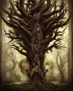 A beautiful highly detailed ancient tree with ornate intricate demon skulls grown into it, sticking out in random places, some screaming, some with glowing eyes, horrorcore made of shiny obsidian glass :: reflective, glassy :: subtractive lighting, backlit :: by John William Waterhouse, Greg Rutkowski, HR Giger :: hyperrealistic, hyper detailed, photorealistic :: epic, incredible composition, amazing depth, meticulously composed, 16k resolution concept art :: fantasy magazine cover art