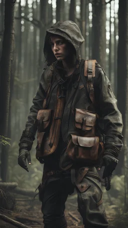 post apocalyptic clothing. 4k. photo realistic. focuses on the intricate details in the item of clothing. is set in a forest environment, cinematic, 70mm