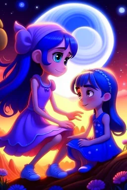 Pixar tarzı İki yakın arkadaş(iki küçük kız) biri pembe ve diğeri mor elbise giyiyor mor elbiseli oturan pembe elbiseli kıza yardım ediyor arkaplan olarak ay ve güneş karışımı bir gezegen