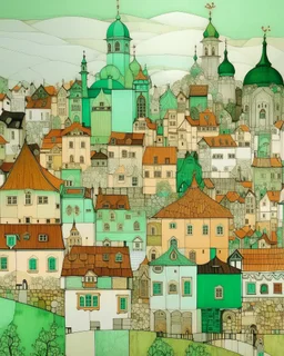 A mint colored town with instrument shaped buildings painted by Gustav Klimt