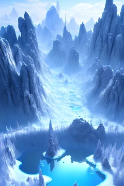 Un grand lac bleu cristal gelé centré autour de très petites colines enneigées, haute résolution, réaliste, beau, éclairage volumétrique, coloré, chef-d'œuvre, cristallin, couleur bleue forte, détaillé, vue de face, 8K, détails complexes, cyberpunk, cosmique