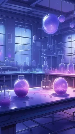 A light purple laboratory with plasma balls painted by Georges Seurat