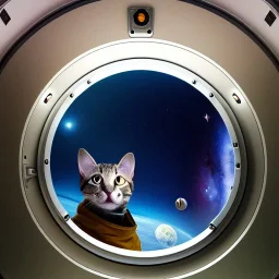 hyper-realistic spaceship interior with a cat looking at a floating astronaut, milkyway view through porthole behind them, 8k resolution, high-quality, fine-detail, detailed matte, intricate, 3D octane render, illustration, digital art, brian froud, howard lyon, anna dittman, greg rutowski,