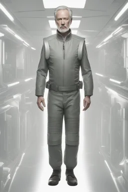 A full body portrait of a man in his 50s. From the future. looks unpleasent