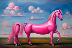 strange Big pink plastic horse.19th painting