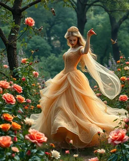 Realistic Photography Beautiful Princess dancing in Wild garden, flower beds, fractal ornamentation, over detailed, gloriously full and confusing, nothing that really exists, everything made up, fantasy world, sweet briar, photography graphic art, song birds, ochre rose, rose buds, dewy morning, forest of oaks,