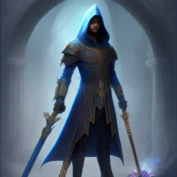 handsome hooded male mage with dark blue mage outfit with floral and botanical details, sharp eyes, mixed gemstones, magic, intricate, high details, dark gothic fantasy