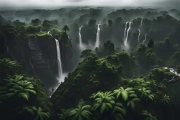 forest jungle overcast in the distance rocks waterfalls dark view from above