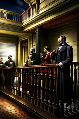 llustrate the presidential box on the balcony level, portraying Abraham Lincoln, his wife, and their guests as they enjoy the play. Highlight the vulnerability of Lincoln without proper security, setting the stage for the impending tragedy