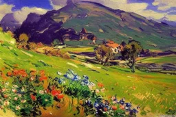 Mountains, sunny day, clouds, rocks, flowers, grass, distant houses, vegetations, distant trees, lesser ury and konstantin korovin impressionism painting