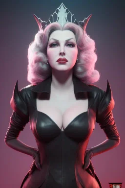 Lana Turner as evil queen in black leather, leather, busty, cleavage, angry, stern look. character design by cory loftis, fenghua zhong, ryohei hase, ismail inceoglu and ruan jia. unreal engine 5, artistic lighting, highly detailed, photorealistic, fantasy