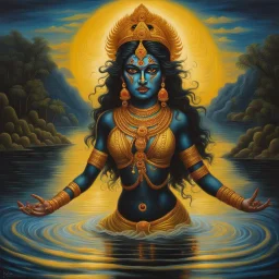 An oil painting of goddess Kali crossing a lake, neon gold colors, high detail eyes,