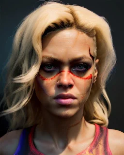 portrait, Shakira, blonde artist, angry, Realistic image, MMA robe, hoodie, mma gloves, band aid, loose long hair, eyes make up, line gold make up, glow, circle iris. moisture sweat, fog, Neon colors, leds. Dark background, photo studio, concept art, smooth, unreal engine 5, god lights, ray tracing, RTX, lumen lighting, ultra detail, volumetric lighting, 3d, finely drawn, high definition, 4k.