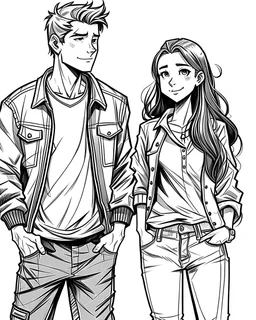 draw a cute TWO grown male and female for a coloring book, FULL BODY, black an white picture, only use online, beautiful art, beautiful and nice AREA background, no shadows a clear and well art