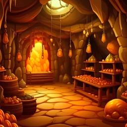 Cartoon Whimsical Fantasy shop in a cave, brown stones and yellowish orange light crystals