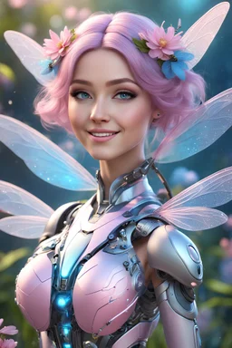 a very cute and wonderfull fairy young woman robot, very detailed dragonfly's wings, full body, nice eyes, pure harmony, soft pink, soft blue, smile, galactic, magic, transcendent, divine, warm look, fantastic magical flowers background, ultra sharp focus, ultra high definition, 8k, unreal engine5background, colored lake, ultra sharp focus, ultra highextremely detailed CG unity 8k