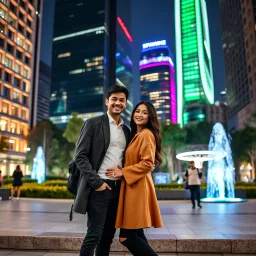 future modern city center park a pertty couple with modern clothing standing and posing to camera