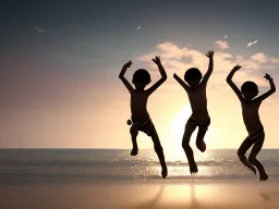 indian children jumping in the water on a beach capture them against the sun and make an art silhouette, hyper details, real sharp, 8k, cinematic movie