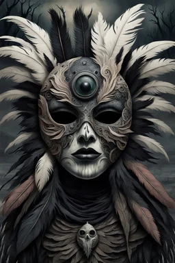 An surreal stunning image of a crepy ritualistic Feathered face Mask mutant witd dark eyes, pale skin, on creature, with dark muted tones, a grim and weird atmosphere, textured impasto-like effect with ink, intricate details, surreal vibe, expressive focusing, muted tones, gradients, thriller and utopistic mood, in background barren landscape, ruins, dark shadows