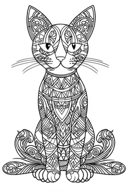 A simple coloring book page drawing with thick black lines on a white background of a full length body of a kitten with one tail mandala of the cat breed BORNEO BAY CAT in the minimalist style. No shading. No gray. No shadows. No color. This coloring book page would appeal to children aged sixteen through adults and have clean lines for a design that is easy to color. Style raw. Aspect ratio 9:11