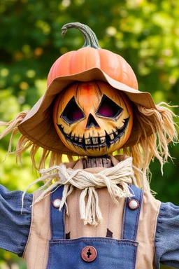 A scary scarecrow with a pumpkin head