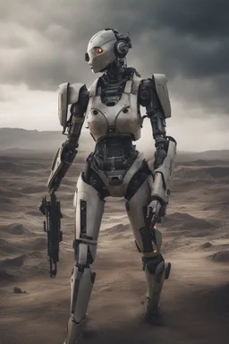 A hyper-realistic, A robotic woman with a hybrid of human and machine components, posed in a post-apocalyptic wasteland.., Photo Real, 64k