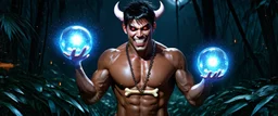 HYPER REALISTIC PHOTOGRAPHIC Middle Angle View Of A Handsome Muscular Young Man With Ritualistic Costume With Bone Necklace Unleashing Glowing Magic Balls, With A Fierce Devilish Smiling Expressions On His Face With Glowing Red Eyes With Short Messy Black Hair In A Dark Dense Jungle At Dark Night With Fireflies Showing Dramatic & Cinematic Ambiance