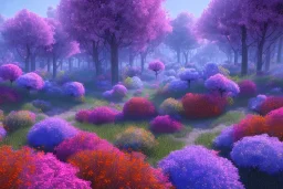 monde en fleurs bleu pink fuksia, concept art, crépuscule , trees bleu pink violet oranger, vibrant Color, réaliste