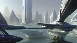 people watching a futuristic ship flying above a utopian city. bridges, roads, balconies, trees, dense foliage, river, pathways, detailed photorealistic