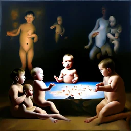 Putin, President Xi Of China And Joe Biden Play Chess With Atomic Bomb Mushroom Cloud,Complex Surgical Instruments Intermixed With A Newborn Boy,Minimalism,Painting By Adrian Ghenie,Rene Magritte,Pablo Picasso,Michelangelo,Salvador Dali,Lucian Freud