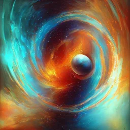 A painting of A voice escaping a black hole.hands reach from the ether to grab the voice. Sound waves dancing around the opening galaxies explode