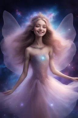 Ragazza cosmica, con capelli lunghi e occhi molto dolci. E' vestita come una ballerina cosmica, con veli tulle e piccole pietre preziose. Ha ali di velo traslucide e danza sorridente nella galassia luminosa. L' immagine è luminosa e dona allegria e delicatezza, si vede l'ansia figura intera