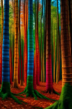 Tree trunks stacked on top of each other in a colourful forest