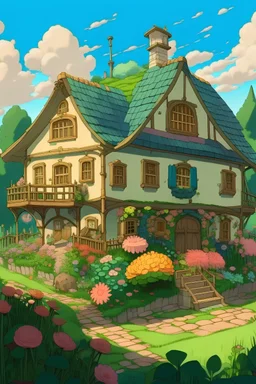 a flower house, ghibli style