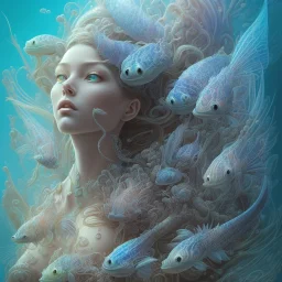 sango fantasy, fantasy magic, intricate, sharp focus, illustration, highly detailed, digital painting, concept art, matte, artgerm and paul lewin and kehinde wiley, masterpiece sexy lips Asain lady body mermaid lionfish head turquoise space lady beach sea under water mermaid seaweed