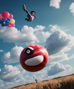 Ultra realistic speed clouds sky scene, wide angle view, child falling down with many Children background, inflatable monsters, circus dress style, feather color, free jumping flying, many trinkets, hair monster, many jelly beans, balls, color smoke, smile, happy, extreme, wind, clouds sea, 20,000 feet altitude, stratosphere, soft color, highly detailed, unreal engine 5, ray tracing, RTX, lumen lighting, ultra detail, volumetric lighting, 3d, finely drawn, high definition.