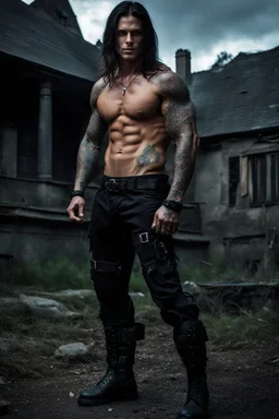 Handsome muscular alpha male, 30 years old, Dark eyes, Long brown hair, bare chest covered in tattoos and scars. wearing black combat trousers and heavy boots, hyperrealistic, 4k, dark fantasy, large house in the background