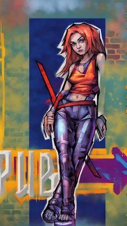 teen woman in retro-futurist cyberpunk costuming with pants and sheathed swords leaning to the side with shoulder against a brick pillar, add a background of brick with graffiti of a large arrow pointing to the right and text of the word "PUB" on lower left