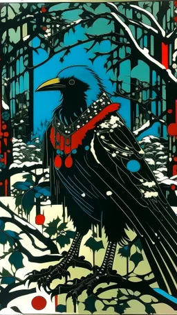 A contemporary serigraphy by Matisse and Kunisada of a human-like raven adorned in a punk leather jacket within a snowy Christmas atmosphere.