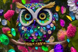 Owl made of gemstones and jewels in a flowergarden in sunshine