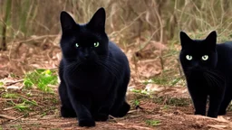 A black cat staring a white rabbit in the forest.