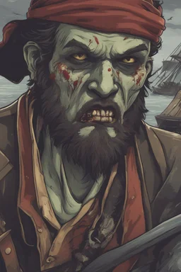 close up portrait of a zombi as a pirate, 2d style, background on a boat