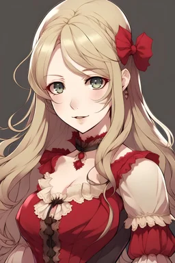 Personaje de anime femenina, con cabello rubio y largo, piel bien blanca, vestido de epoca victoriana color rojo intenso. rostro en forma de v y delgado, mirada seria