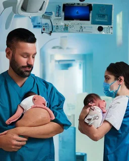 image of two doctors in a hospital surgical theatre holding a newborn baby